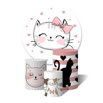 Trio de Capas Cilíndricas + Painel Redondo Sublimado c/ Elástico Gatinha Laço Rosa e Gatinhos Corações Listras Trio de Capas Cilíndricas + Painel Redondo Sublimado c/ Elástico Gatinha Laço Rosa e Gatinhos Corações Listras