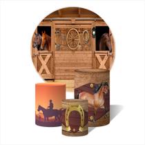 Trio de Capas Cilíndricas + Painel Redondo Sublimado c/ Elástico Haras Estábulo Cavalos Fazenda