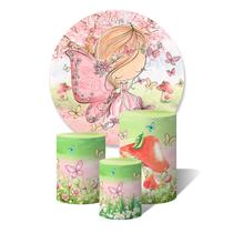 Trio de Capas Cilíndricas + Painel Redondo Sublimado c/ Elástico Jardim da Fada Encanto das Fadas Aquarela