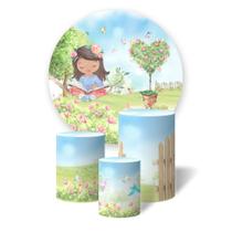 Trio de Capas Cilíndricas + Painel Redondo Sublimado c/ Elástico Jardim Encantado Menina Cantinho da Leitura Trio de Capas Cilíndricas + Painel Redondo Sublimado c/ Elástico Jardim Encantado Menina Cantinho da Leitura