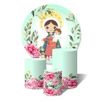 Trio de Capas Cilíndricas + Painel Redondo Sublimado c/ Elástico Nossa Senhora do Rosário Flores e Folhas Aquarela