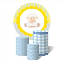 Trio de Capas Cilíndricas + Painel Redondo Sublimado c/ Elástico Ovelhinha Azul e Amarela Trio de Capas Cilíndricas + Painel Redondo Sublimado c/ Elástico Ovelhinha Azul e Amarela