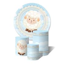 Trio de Capas Cilíndricas + Painel Redondo Sublimado c/ Elástico Ovelhinha Nuvens Céu Azul Trio de Capas Cilíndricas + Painel Redondo Sublimado c/ Elástico Ovelhinha Nuvens Céu Azul