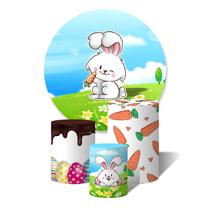 Trio de Capas Cilíndricas + Painel Redondo Sublimado c/ Elástico Páscoa Coelhinho Cenouras e Chocolate Trio de Capas Cilíndricas + Painel Redondo Sublimado c/ Elástico Páscoa Coelhinho Cenouras e Chocolate