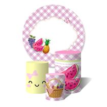 Trio de Capas Cilíndricas + Painel Redondo Sublimado c/ Elástico Piquenique Infantil Solzinho Feliz Forro Xadrez Frutas