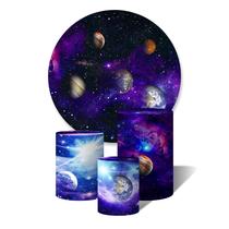 Trio de Capas Cilíndricas + Painel Redondo Sublimado c/Elástico Planetas no Espaço Nebulosa de Estrelas