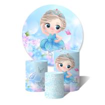 Trio de Capas Cilíndricas + Painel Redondo Sublimado c/ Elástico Princesa Bailarina Azul Jardim Borboletas