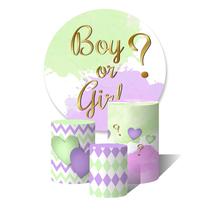 Trio de Capas Cilíndricas + Painel Redondo Sublimado c/ Elástico Revelação Boy or Girl Aquarela Verde e Roxo Trio de Capas Cilíndricas + Painel Redondo Sublimado c/ Elástico Revelação Boy or Girl Aquarela Verde e Roxo