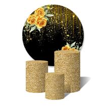 Trio de Capas Cilíndricas + Painel Redondo Sublimado c/Elástico Rosas Amarelas Glitter Dourado Brilho Ouro Trio de Capas Cilíndricas + Painel Redondo Sublimado c/Elástico Rosas Amarelas Glitter Dourado Brilho Ouro