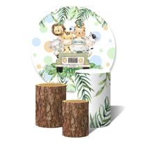 Trio de Capas Cilíndricas + Painel Redondo Sublimado c/ Elástico Safari Animais Jipe Folhas Aquarela