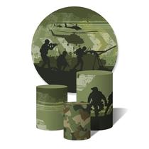 Trio de Capas Cilíndricas + Painel Redondo Sublimado c/ Elástico Soldados Exercito em Combate Camuflada