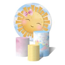 Trio de Capas Cilíndricas + Painel Redondo Sublimado c/ Elástico Solzinho Feliz Cute Lacinho Rosa Aquarela Trio de Capas Cilíndricas + Painel Redondo Sublimado c/ Elástico Solzinho Feliz Cute Lacinho Rosa Aquarela