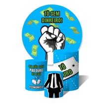 Trio de Capas Cilíndricas + Painel Redondo Sublimado c/ Elástico Tô Sem Dinheiro Pão Duro Mão Fechada Trio de Capas Cilíndricas + Painel Redondo Sublimado c/ Elástico Tô Sem Dinheiro Pão Duro Mão Fechada