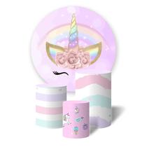 Trio de Capas Cilíndricas + Painel Redondo Sublimado c/ Elástico Unicórnio Listrado Cores Candy