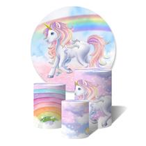 Trio de Capas Cilíndricas + Painel Redondo Sublimado c/ Elástico Unicórnio Rosa Arco-Íris Degrade Nuvens Aquarela Trio de Capas Cilíndricas + Painel Redondo Sublimado c/ Elástico Unicórnio Rosa Arco-Íris Degrade Nuvens Aquarela