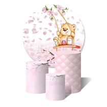 Trio de Capas Cilíndricas + Painel Redondo Sublimado c/ Elástico Ursinho Balanço Flores Cor de Rosa Aquarela Capitonê