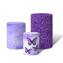 Trio de Capas Cilíndricas Versátil Borboletas Roxas Aquarela Lilás Glitter Brilho c/ Elástico