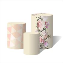 Trio de Capas Cilindricas Versátil Flores Mistas Champagne C/ Elástico
