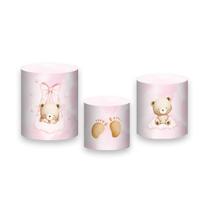 Trio de Capas de Cilindro - Chá de Bebê Ursinha Rosa Suave e Bege 068 Trio de Capas de Cilindro - Chá de Bebê Ursinha Rosa Suave e Bege 068