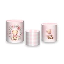 Trio de Capas de Cilindro - Ursinha Rosa com Flores e Laço 072 Trio de Capas de Cilindro - Ursinha Rosa com Flores e Laço 072