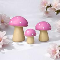Trio de Cogumelo Miniatura de Ceramica Pink Decoração Jardim