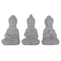 Trio de esculturas buda cinza em posicoes diferentes
