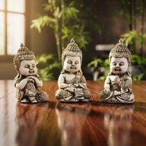 Trio De Estatuetas Budas Bebê Sábios Índia Hindu Budismo Branco Envelhecido