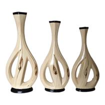 Trio de garrafa vaso decorativo em cerâmica brilho bege e preto G 51x23cm M 45x21cm P 41x20cm