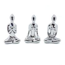 Trio De Ioga Estátua Rezando Meditando Luxo Porcelana Prata