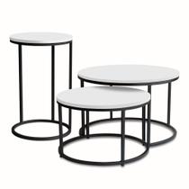 Trio de Mesas de Centro Kira Preta com tampo Branco