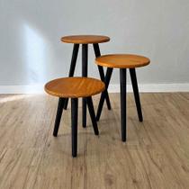 Trio de Mesas Lateral Redondas com Pé Palito de Madeira Carvalho e Preto