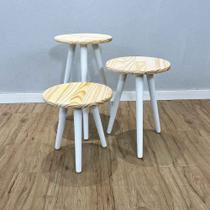 Trio de Mesas Lateral Redondas com Pé Palito de Madeira Natural e Branco