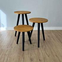 Trio de Mesas Lateral Redondas com Pé Palito de Madeira Nozes e Preto