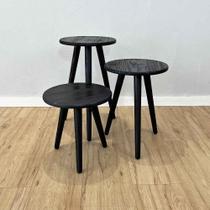 Trio de Mesas Lateral Redondas com Pé Palito de Madeira Preto