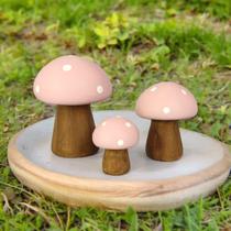 Trio de Mini Cogumelo de Ceramica Miniatura Cor ROSA