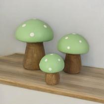 Trio de Mini Cogumelo Verde Claro Decorado de Ceramica