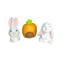 Trio de miniatura Coelho Orelha em pe deitada e cenoura casa