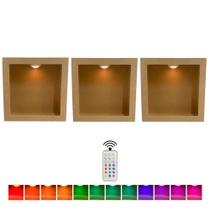 Trio de Nicho Quadrado Simples 24x12 Acompanha Kit de 3 Led Colorido com Controle Mdf Madeira