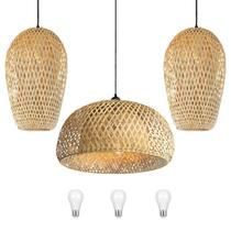 Trio De Pendente Fibra Natural Bambu Rustico Com01 + Led
