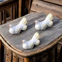 Trio de Pomba Porcelana Leque - Branco com Dourado Mini Miniatura
