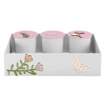 Trio de Potes e Bandeja Kit Higiene MDF Flores