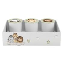 Trio de Potes e Bandeja Kit Higiene MDF Safari Baby Nuvem
