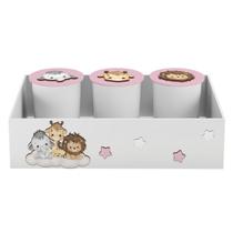 Trio de Potes e Bandeja Kit Higiene MDF Safari Baby Nuvem