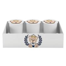 Trio de Potes e Bandeja Kit Higiene MDF Urso Coroa Menino Trio de Potes e Bandeja Kit Higiene MDF Urso Coroa Menino
