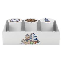 Trio de Potes e Bandeja Kit Higiene MDF Urso Marinheiro