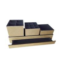 Trio De Potes Organizador Maquiagem Flocado Com Gaveta 30x10x13 - MDF Madeira