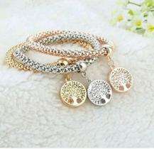 Trio de pulseiras banhado a ouro arvore da vida com cristais