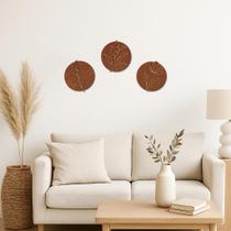 Trio De Quadro Redondos Decoração Mdf Flor Folhagem 3D