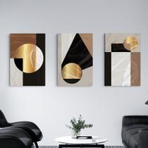 Trio de quadros abstratos circulos dourados