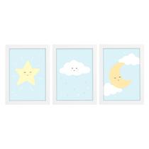 Trio De Quadros Branco Com Vidro Chuva de Amor Azul Quarto Bebê Infantil Menino